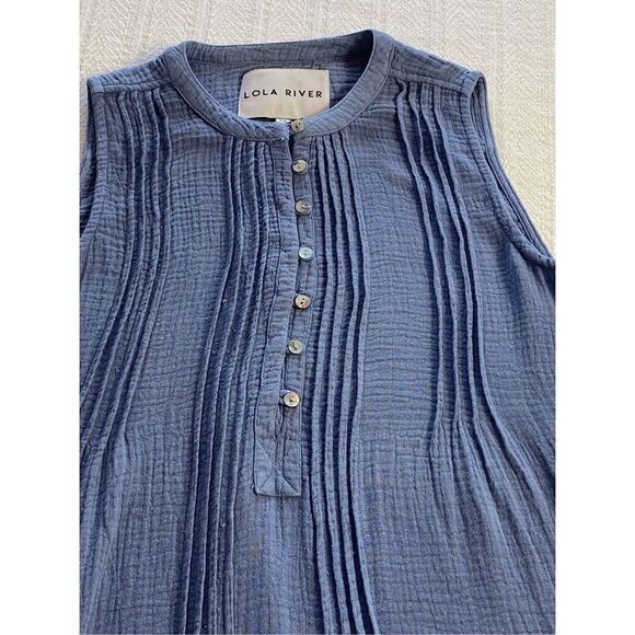 LOLA RIVER Womens LARGE Solid Pleated Button Front Swing Dress - BLUE - Picture 3 of 9